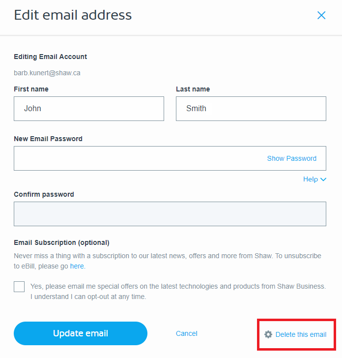 How to delete a Shaw email address through My Shaw