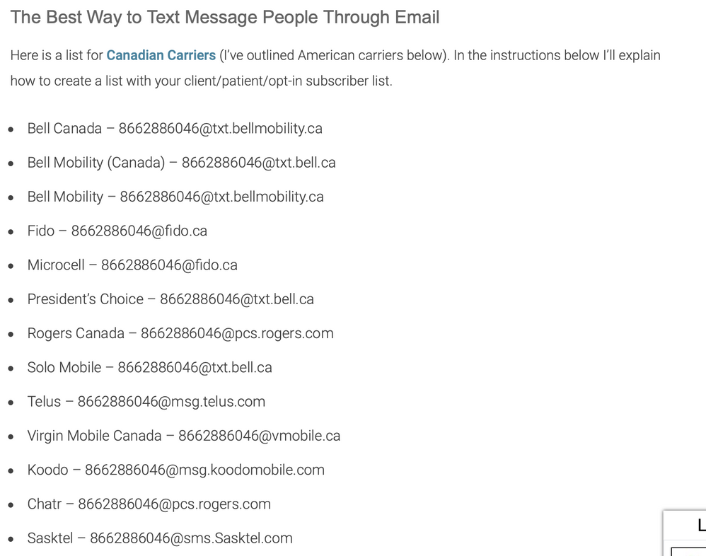 Canadian Email Text Gateways